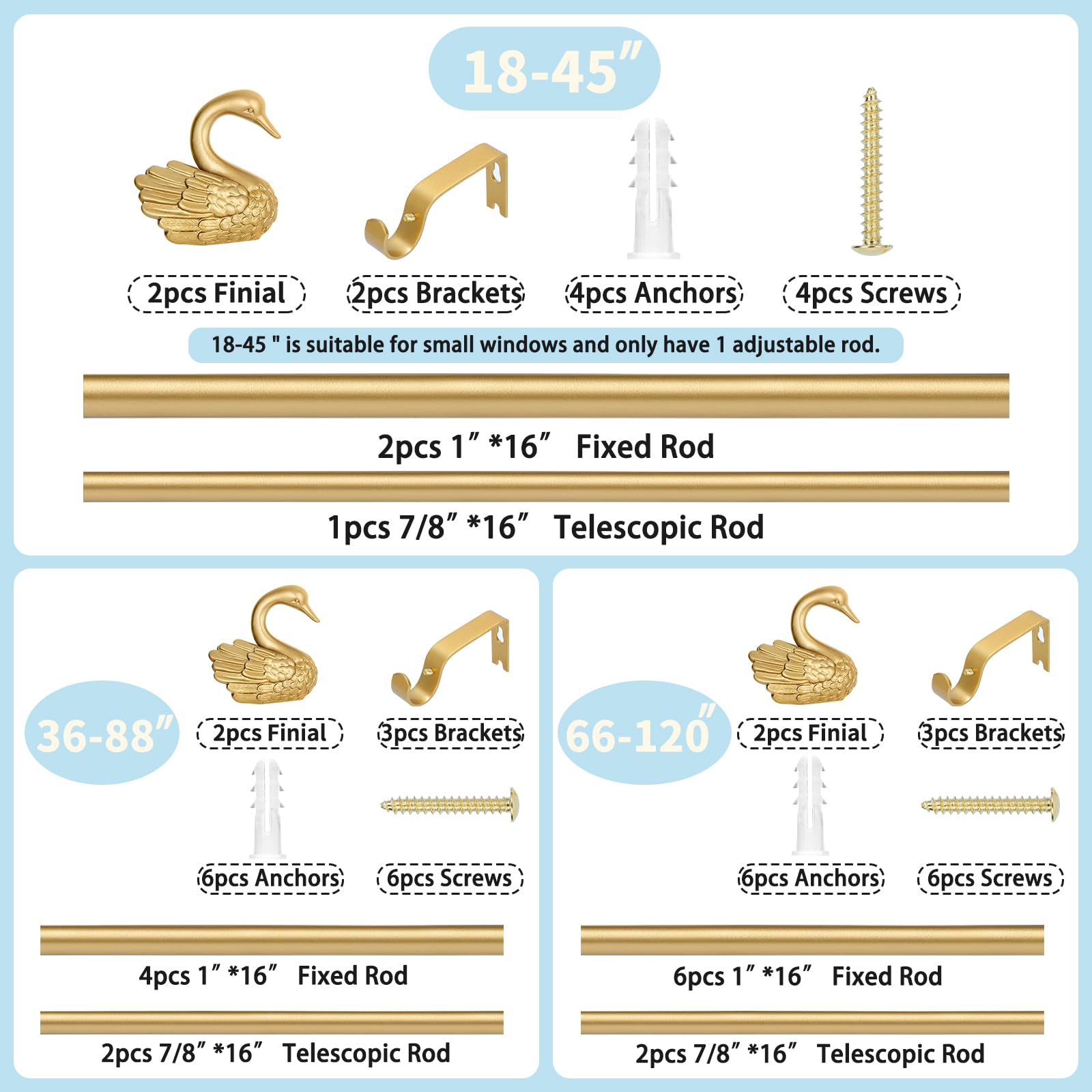 TANGWIN package contents laid out showing rods, finials, brackets and hardware