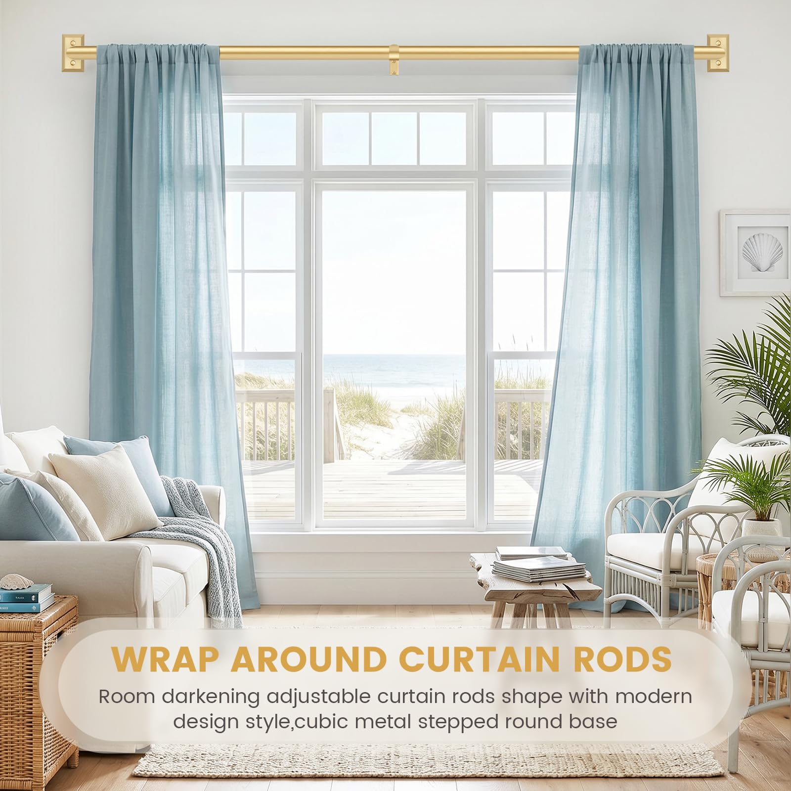 TANGWIN size comparison against window frame showing adjustable 48–90 inch fit