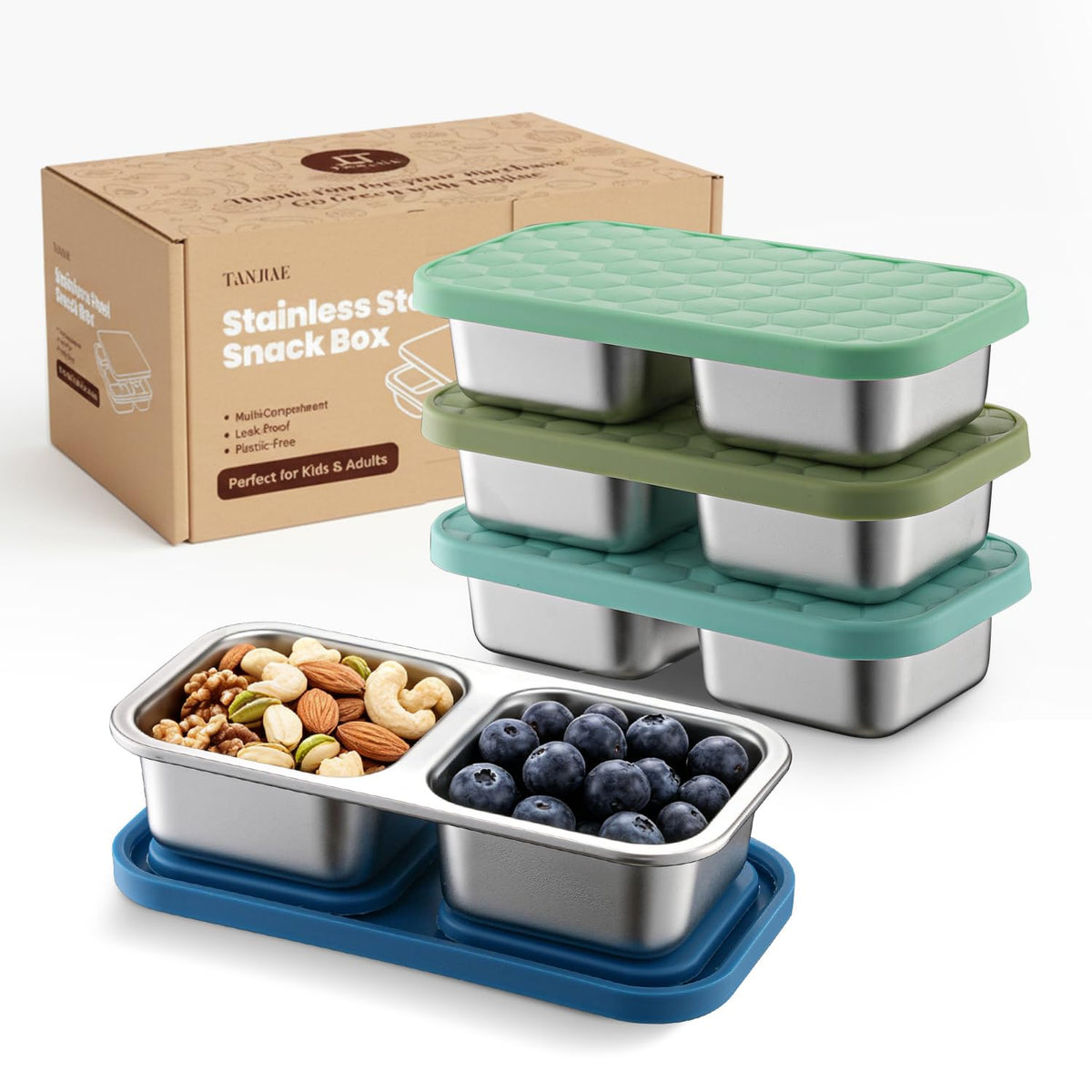 Tanjiae front view showing compact stainless steel snack box, durable and tidy