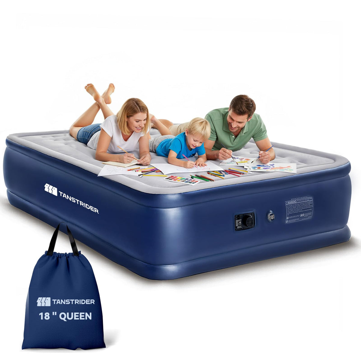 TANSTRIDER front view navy queen mattress showing full raised profile and quick setup benefit