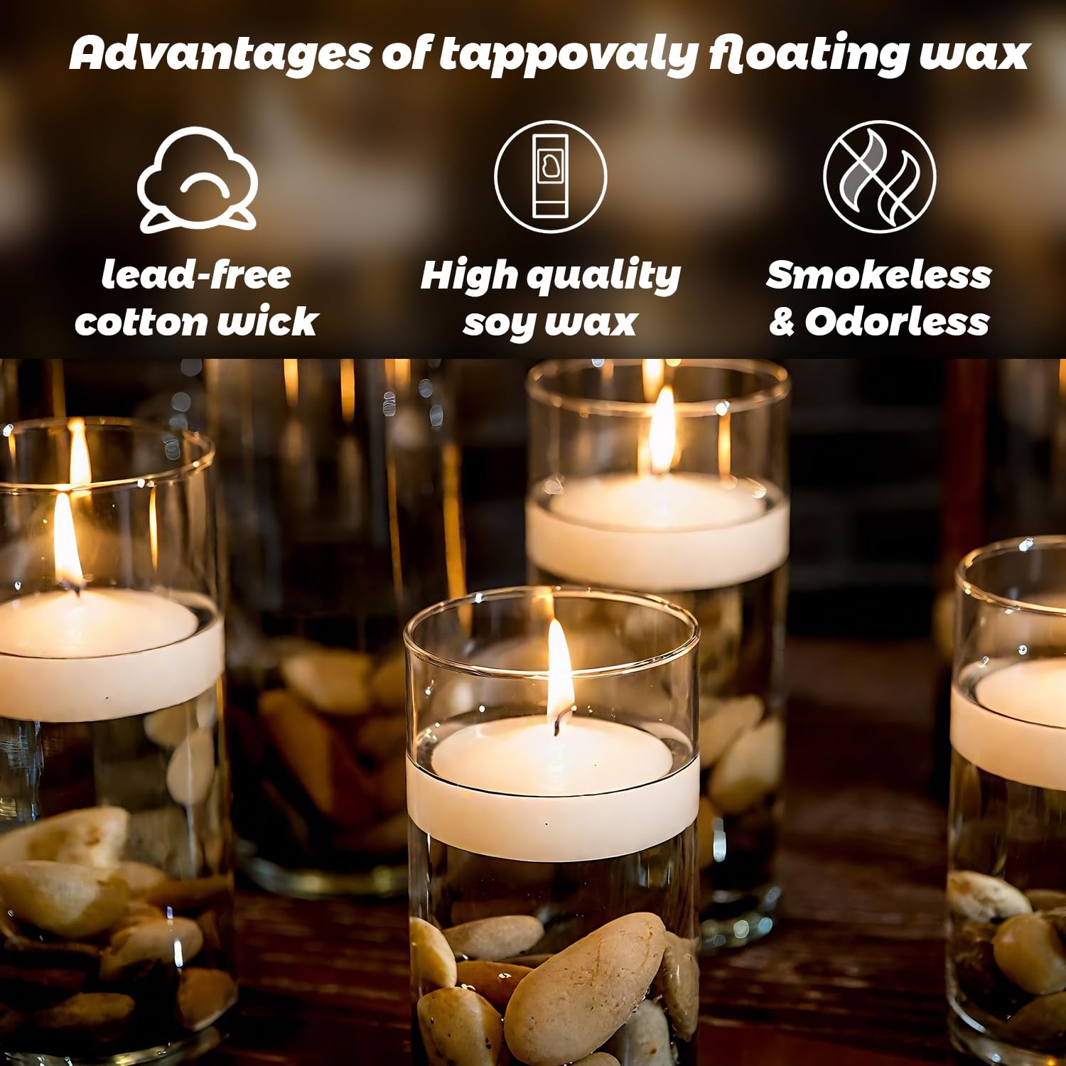 Tappovaly candles floating upright in a glass bowl creating ambient light