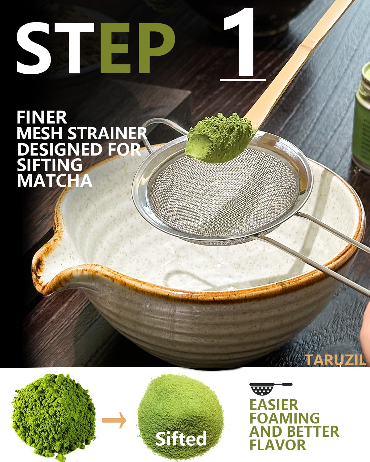 Taruzil ceramic matcha bowl with pouring spout for tidy transfers and serving
