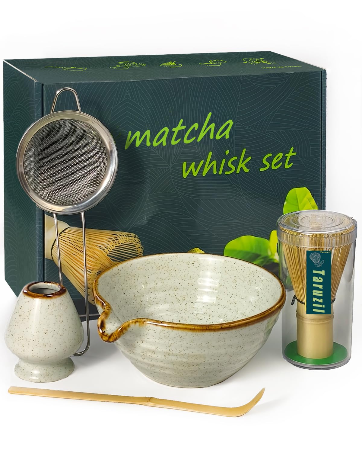 Taruzil front view of complete matcha set showing all pieces and clean presentation