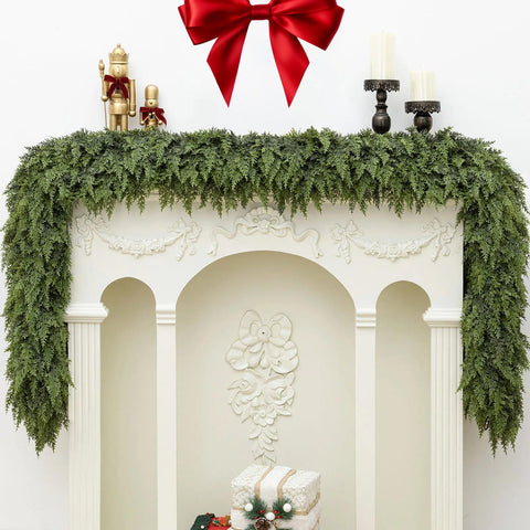 Tasruwat front view of full 9ft cedar garland showing lush coverage and instant mantel-ready benefit