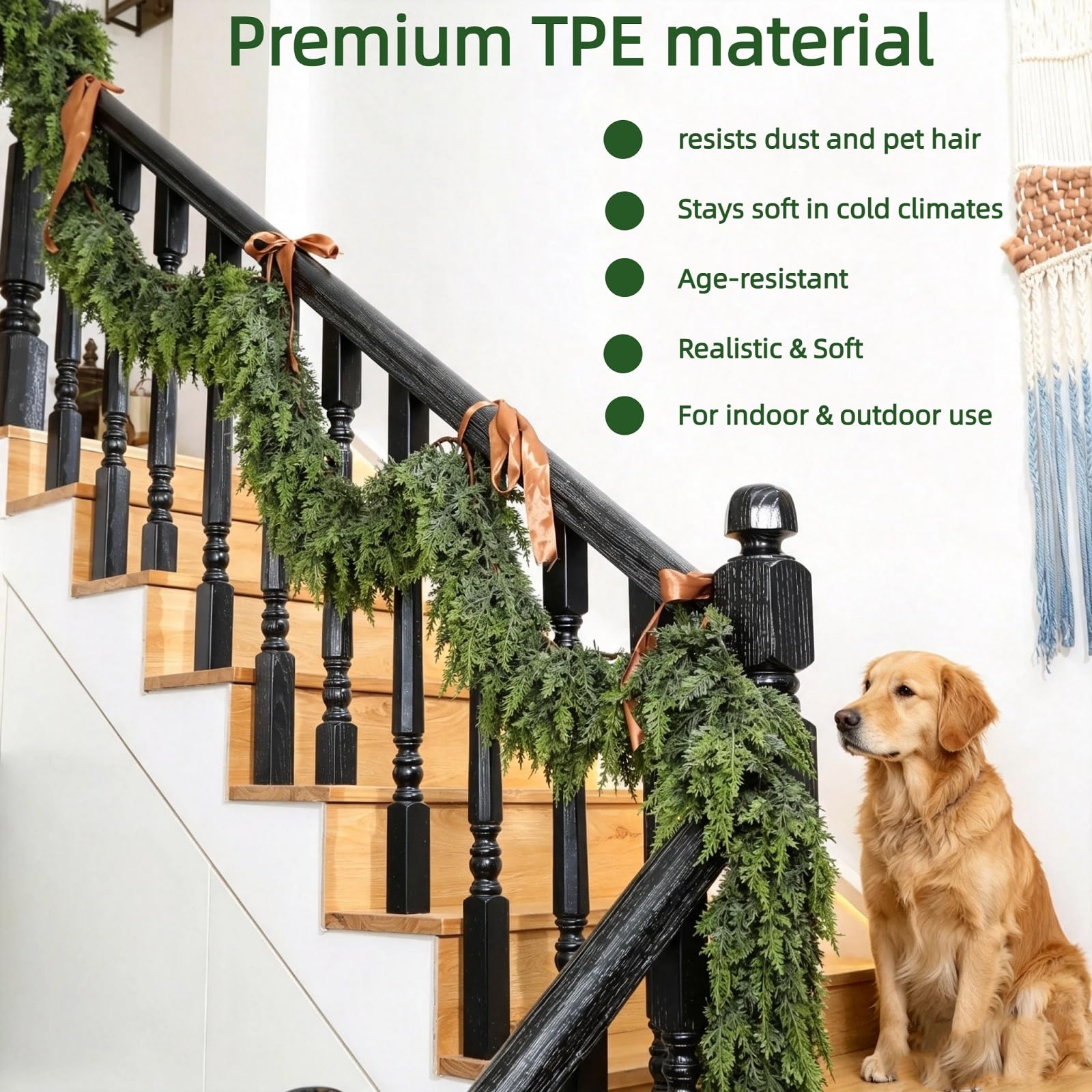Tasruwat garland wrapped on stair railing demonstrating flexible shaping and easy installation