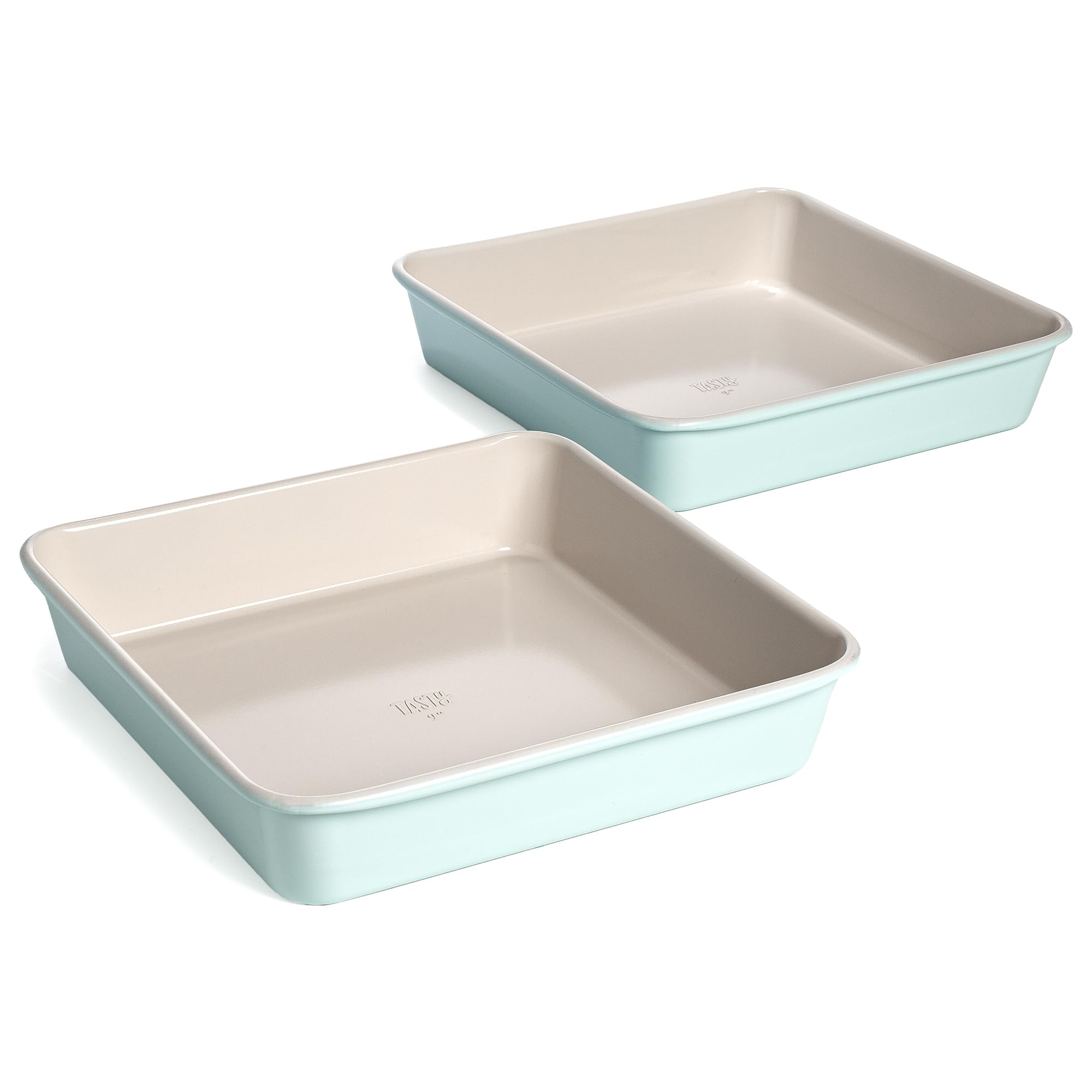 Tasty aqua 9-inch square pan set front view showing clean finish and stackability