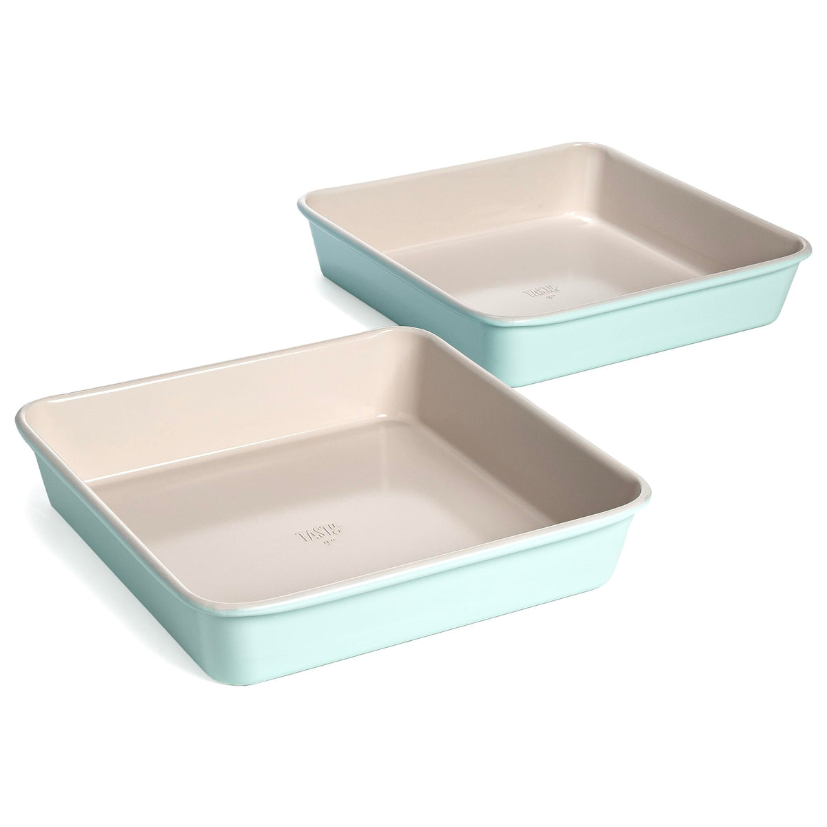 Tasty aqua 9-inch square pan set front view showing clean finish and stackability