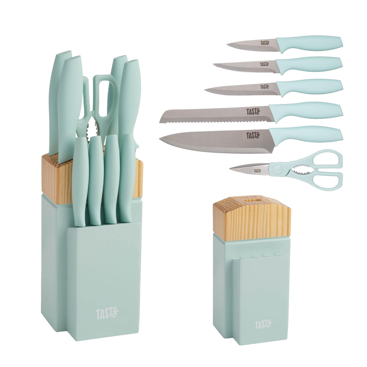 Tasty pine block front view showing organized aqua-handled knives and easy access