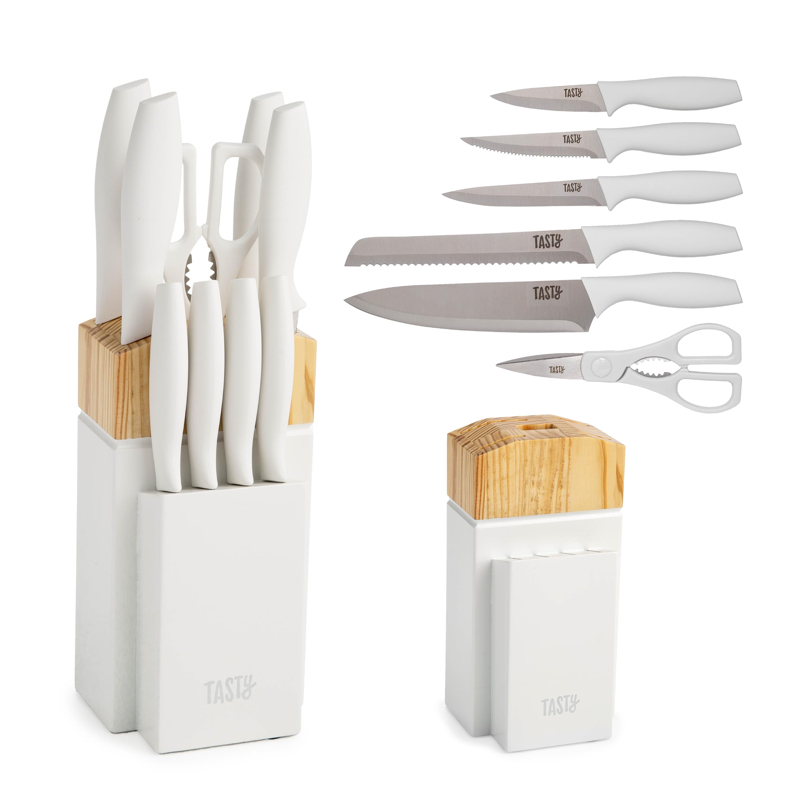 Tasty front view showing knife block and arranged blades for organized storage and quick access
