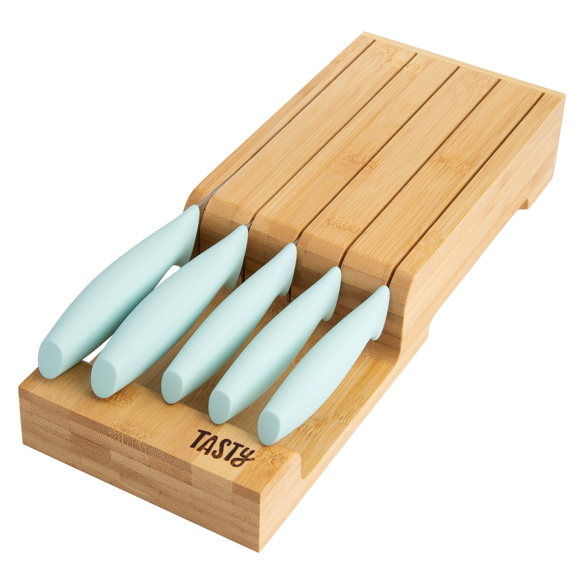 Tasty front view of aqua 6-piece set showing organized storage benefit