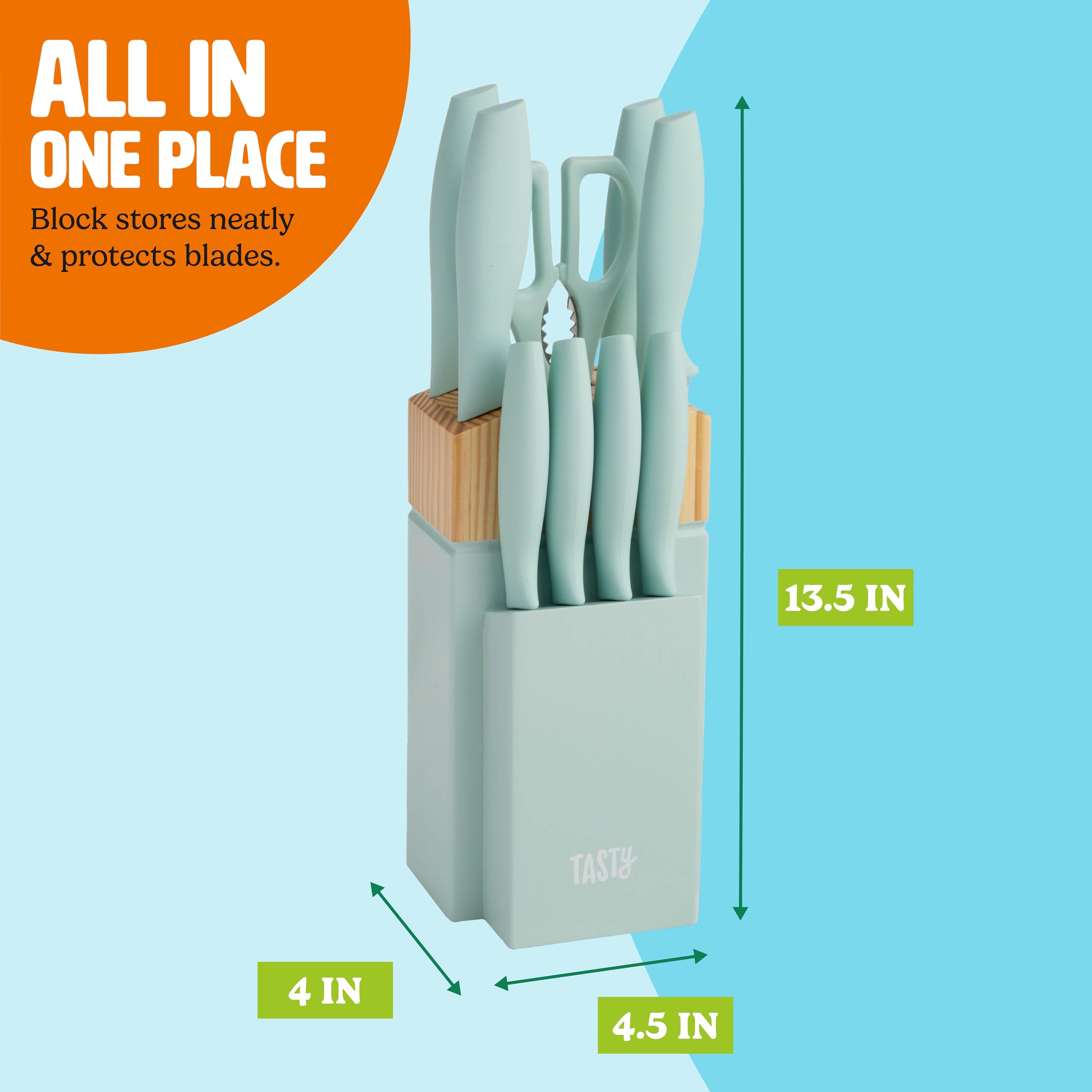 Tasty knife set on kitchen counter lifestyle scene adding color and organization