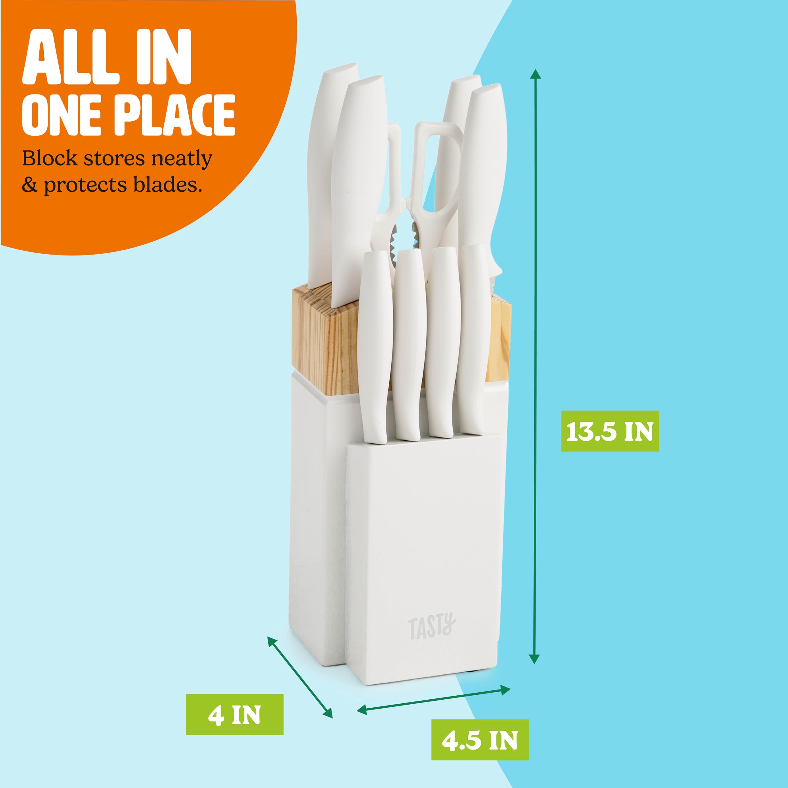 Tasty pine block on countertop keeping knives protected and counter neat for safer storage