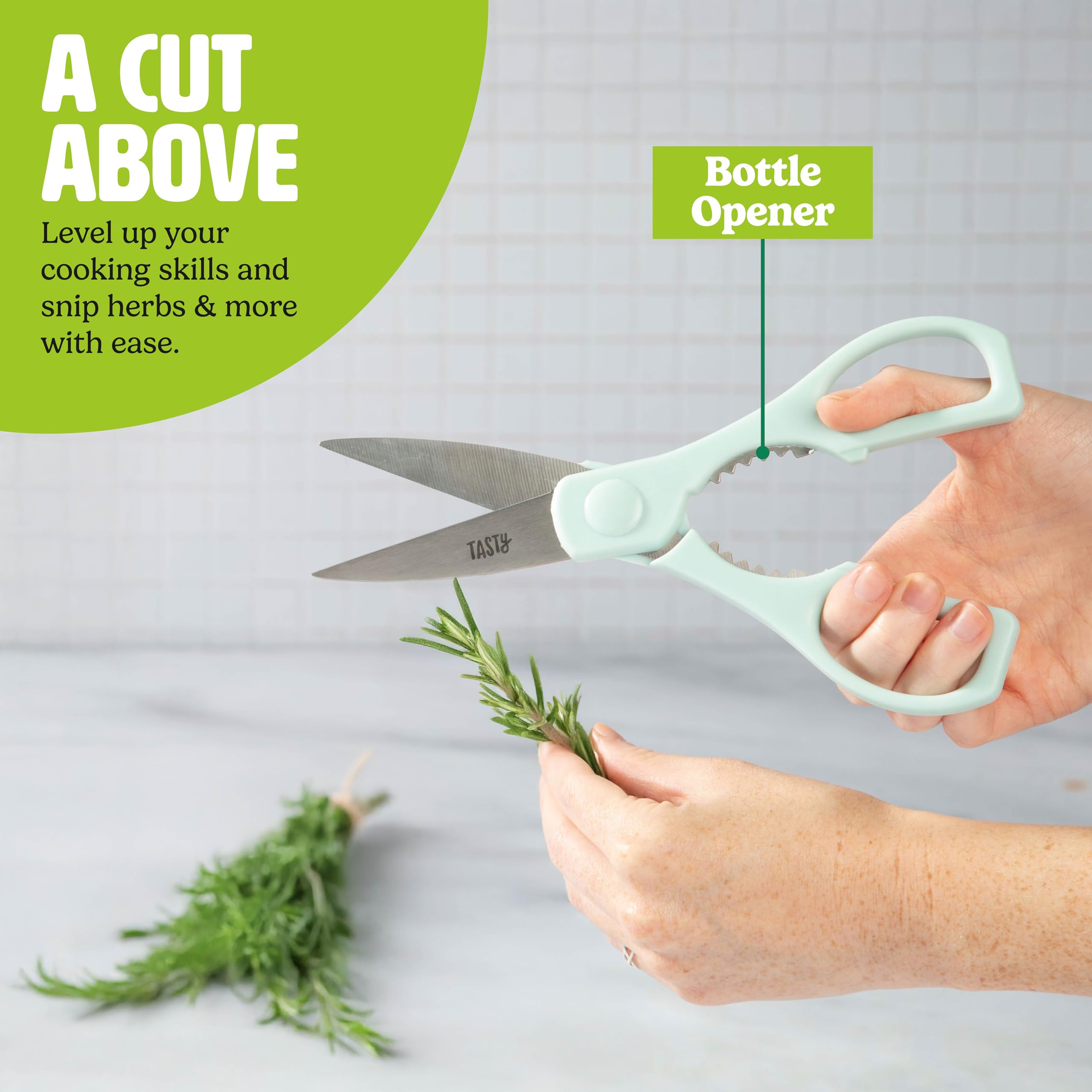 Tasty kitchen shears and handle detail highlighting non-slip grip and durability