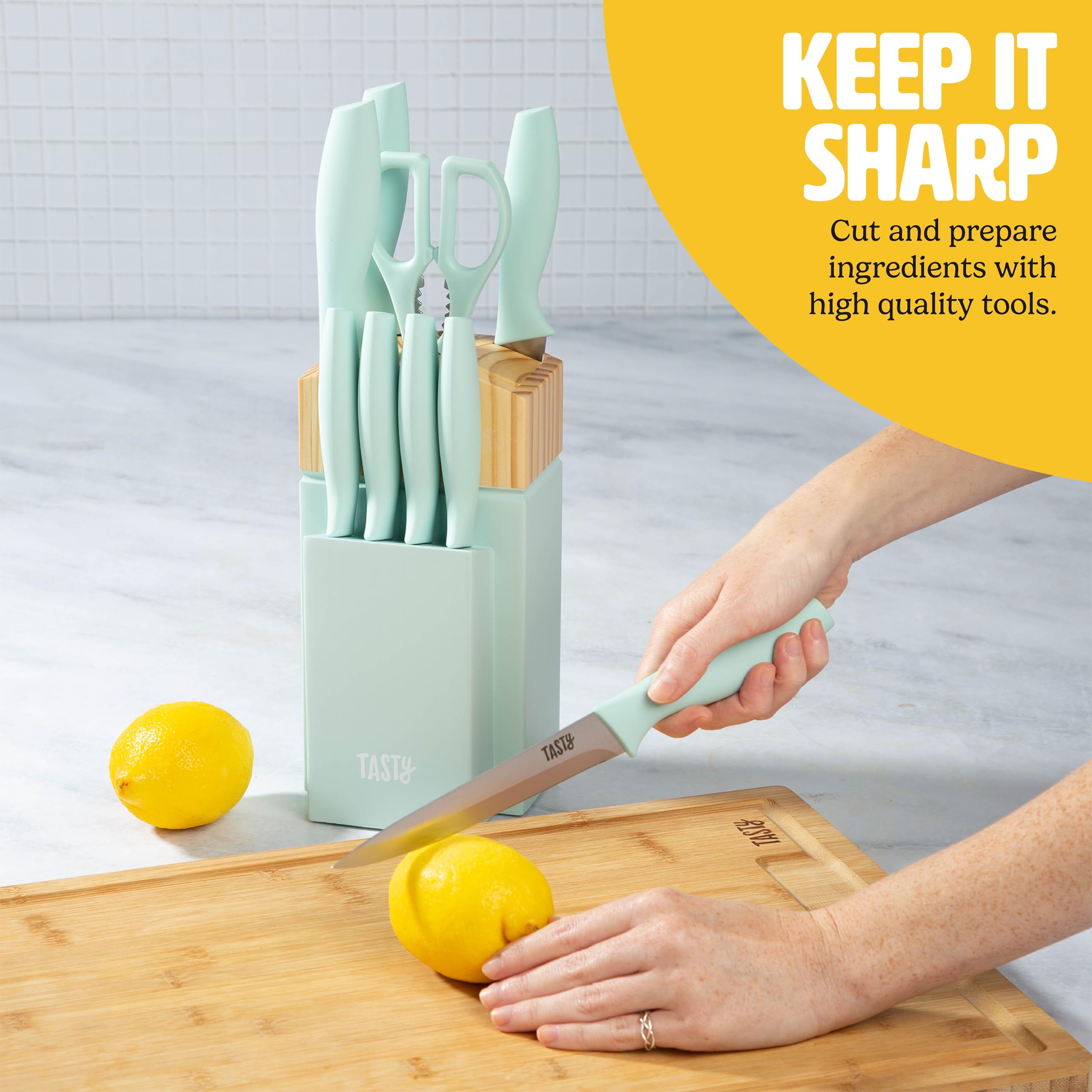 Tasty set next to a ruler showing knife sizes and compact pine block footprint