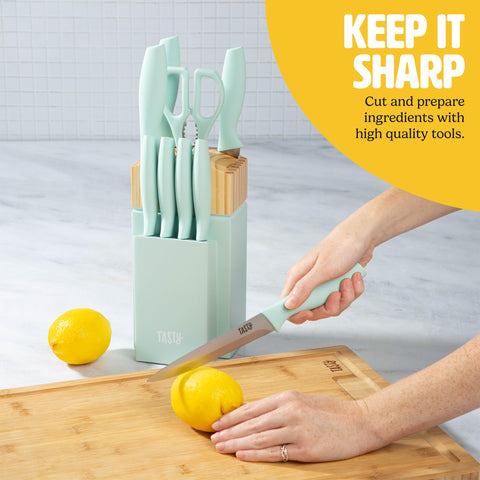 Tasty set next to a ruler showing knife sizes and compact pine block footprint