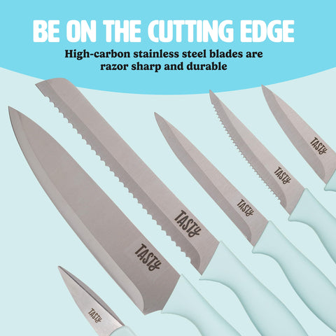 Tasty four steak knives on a table ready to slice meat neatly for serving