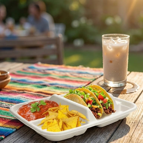 Tasty Taco plate beside hand for scale, indicates compact party portioning