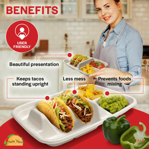 Tasty Taco plated two tacos with sides, displays neat serving benefits