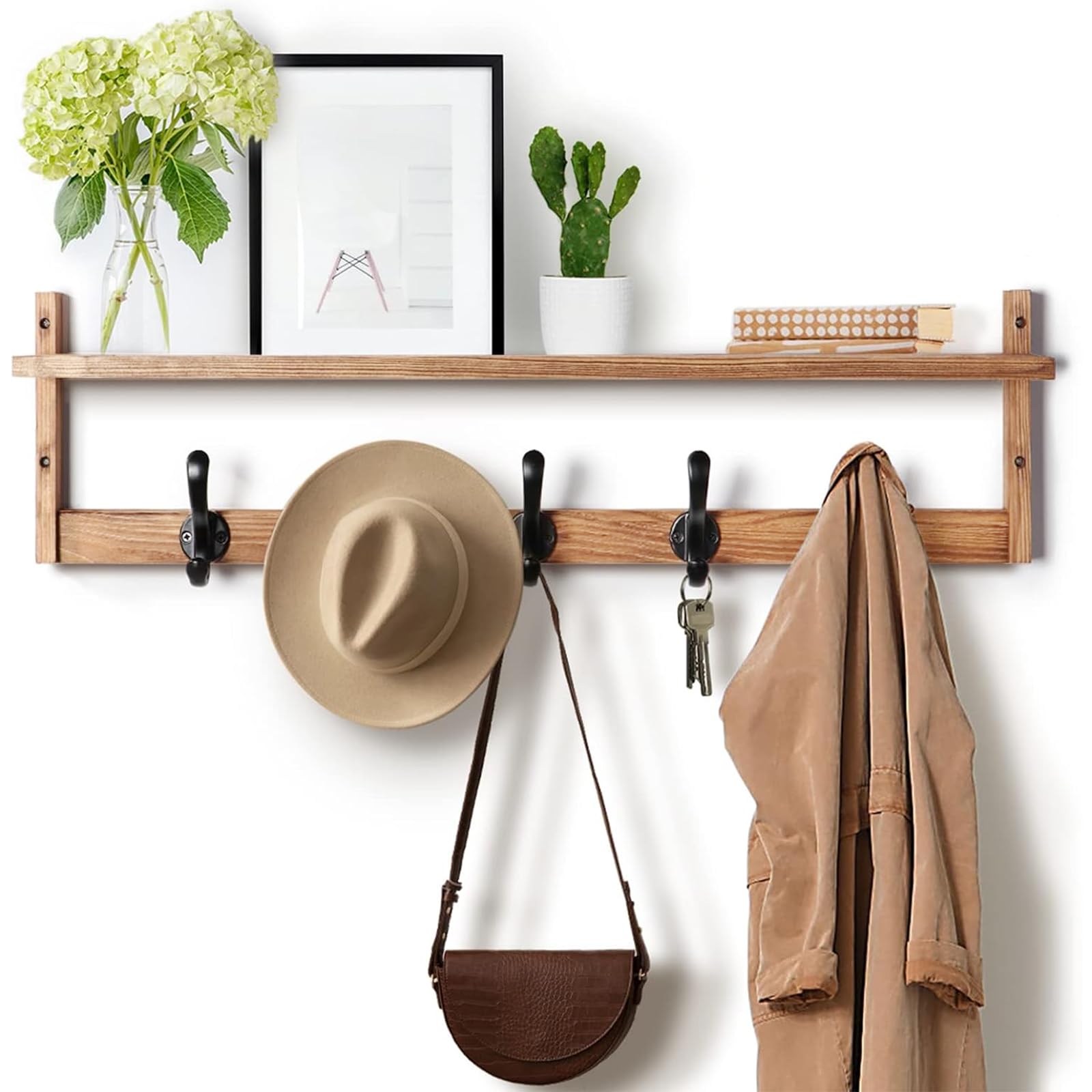 Tatub front view of 29-inch rack showing five hooks and shelf, space-saving benefit