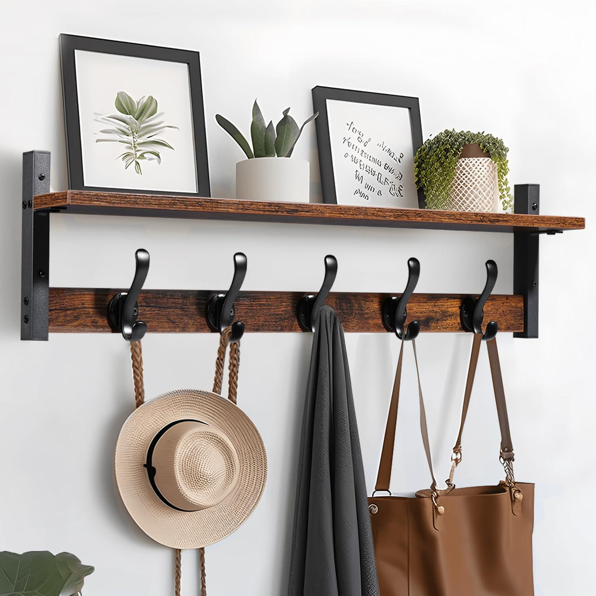 Tatub front view of 29-inch shelf and hooks showing neat organization benefit