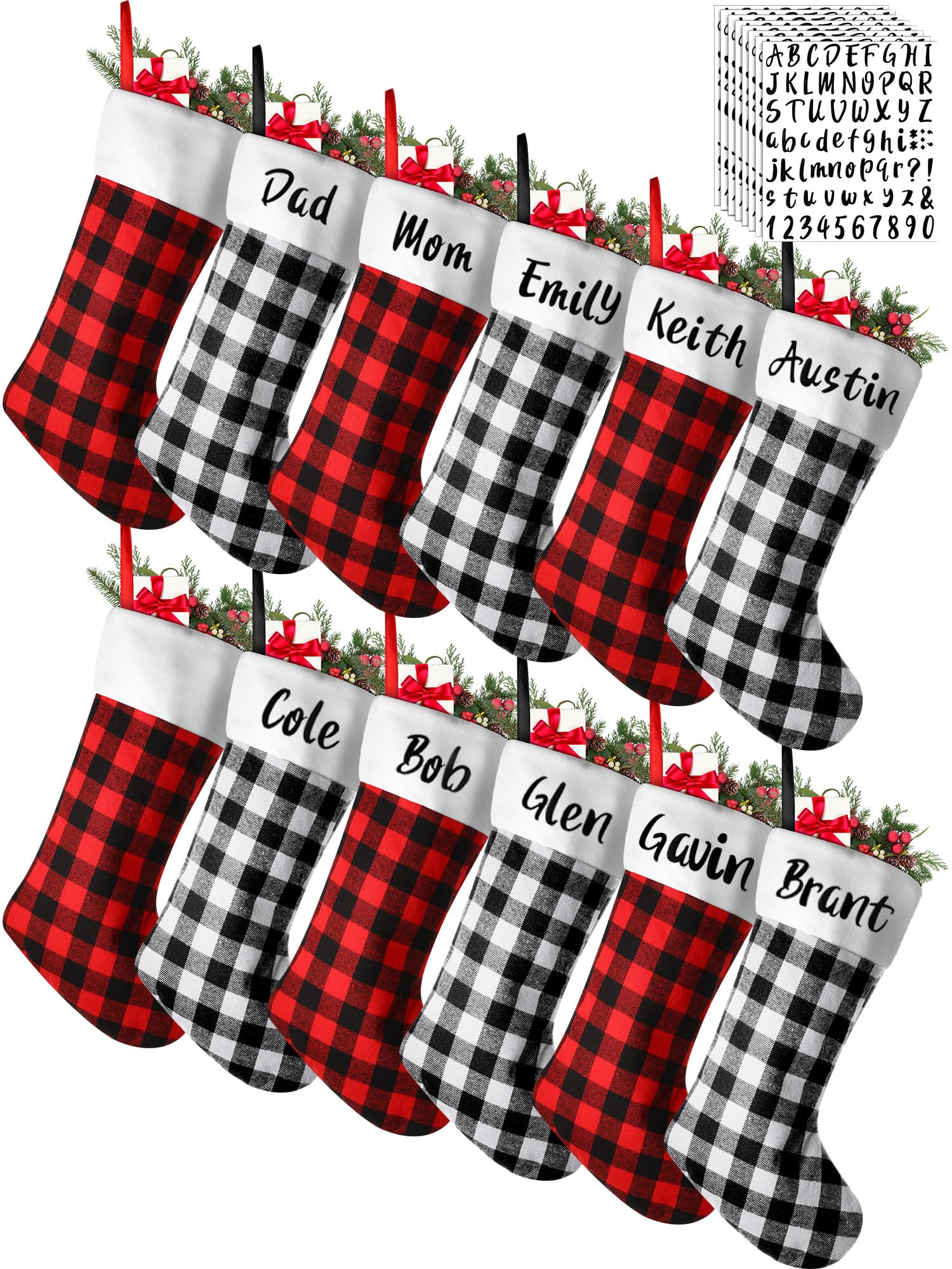Tatuo front view of 12-pack stockings showing classic plaid and included stickers for instant decor