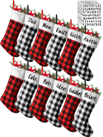 Tatuo front view of 12-pack stockings showing classic plaid and included stickers for instant decor