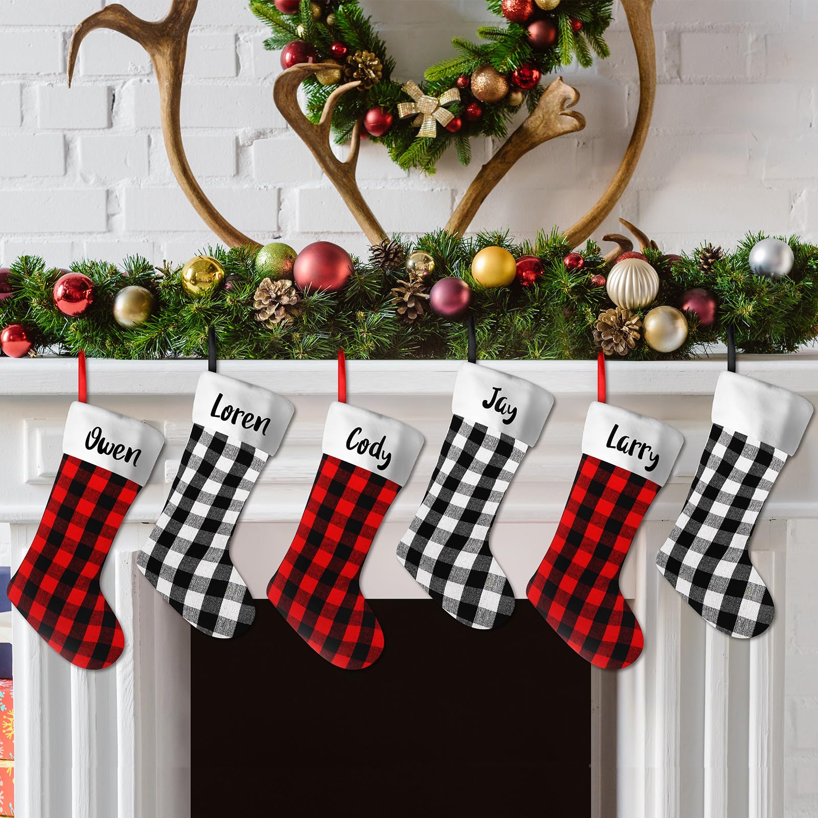 Tatuo stockings hanging on a mantel showcasing ready-to-hang convenience and festive display