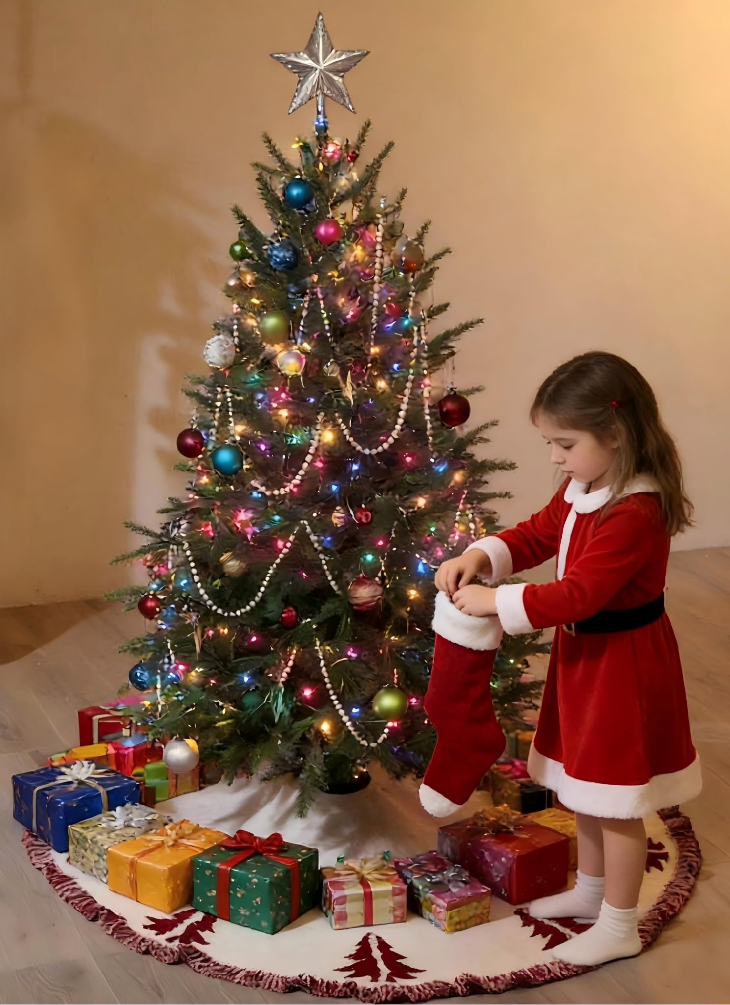 Tavovostar tree skirt in use under a decorated tree protecting floor and hiding base