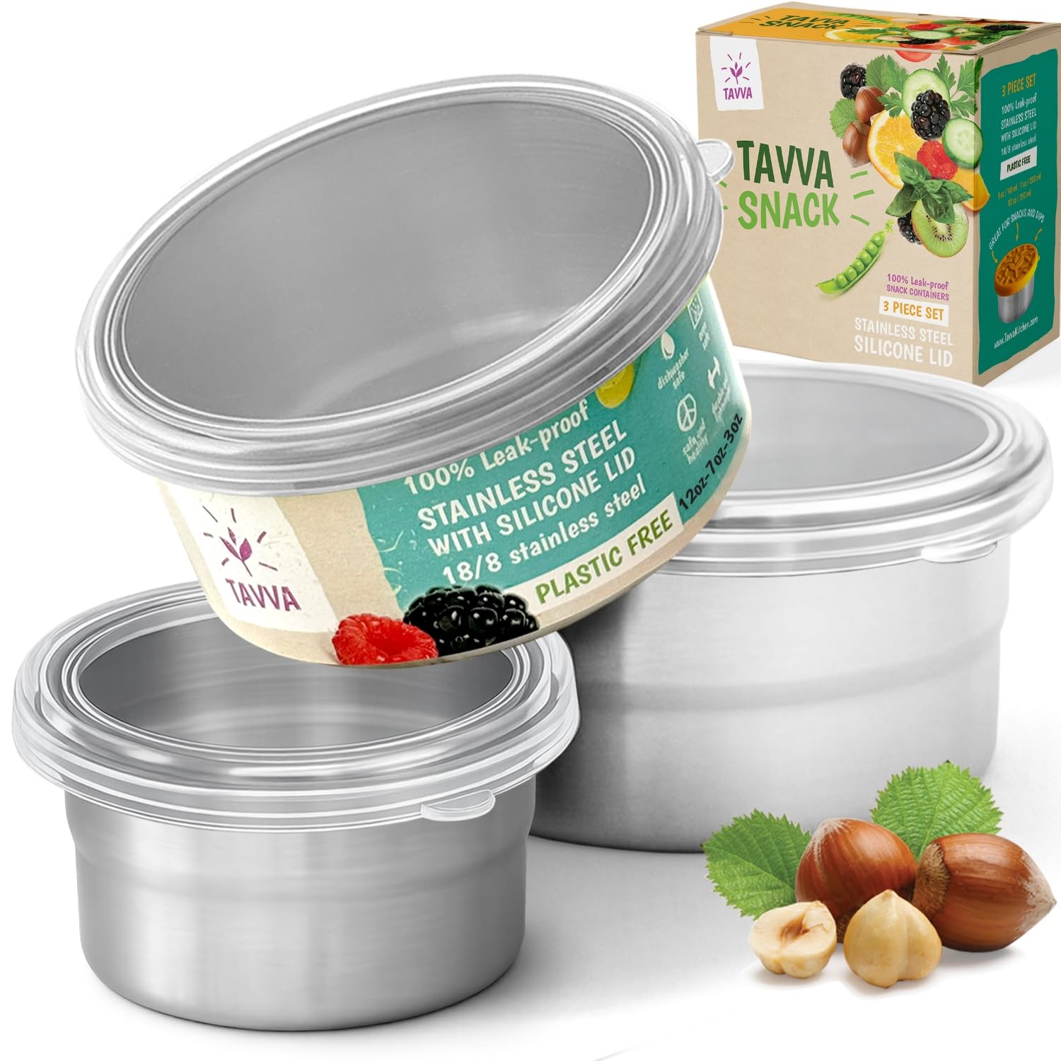 TAVVA front packaging showing the three stainless steel containers and benefits