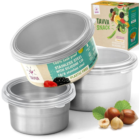 TAVVA front packaging showing the three stainless steel containers and benefits