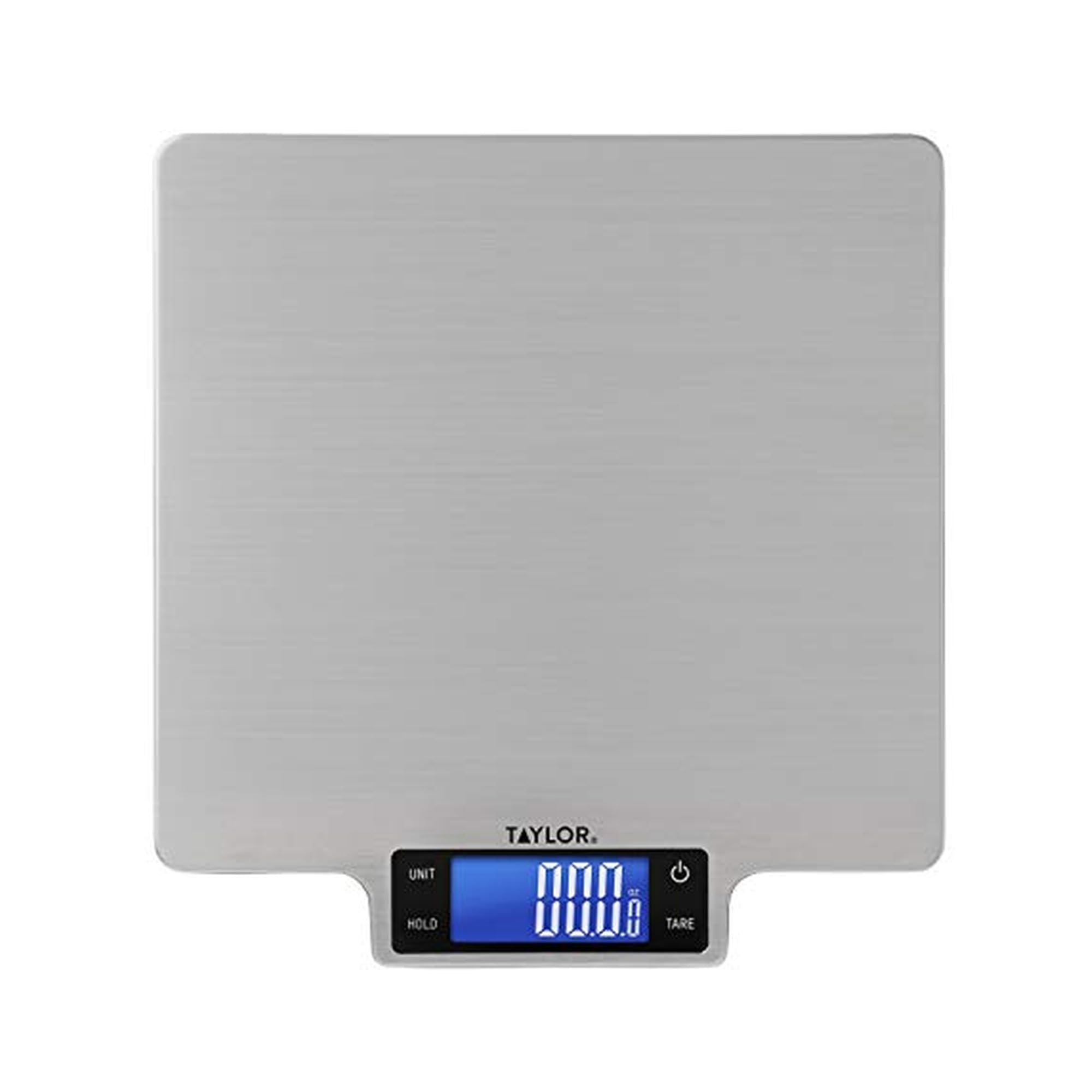 Taylor front view stainless steel scale showing backlit LCD and touch controls for accurate readings