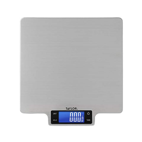 Taylor front view stainless steel scale showing backlit LCD and touch controls for accurate readings