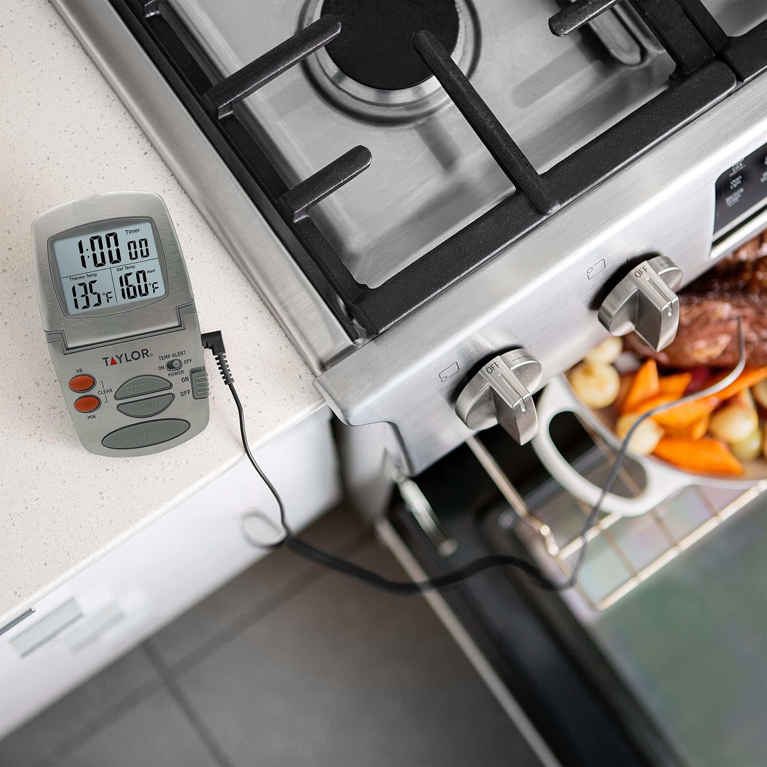 Taylor magnetized back attached to oven door for convenient mounting
