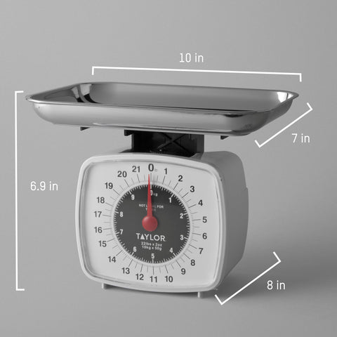 Taylor dial detail with angled red pointer for clear visibility benefit quick weight checks