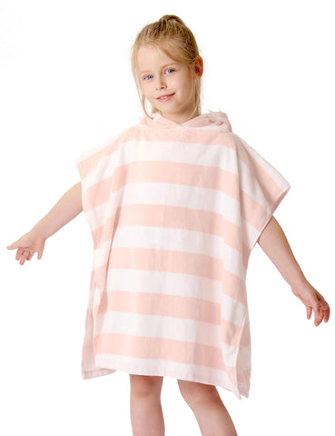 TBEZY front view of hooded poncho showing full coverage and striped pink design