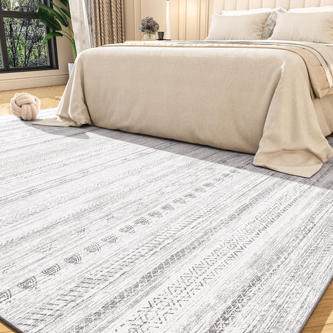 tchdio front view of 8x10 rug showing neutral Moroccan boho design and balanced scale