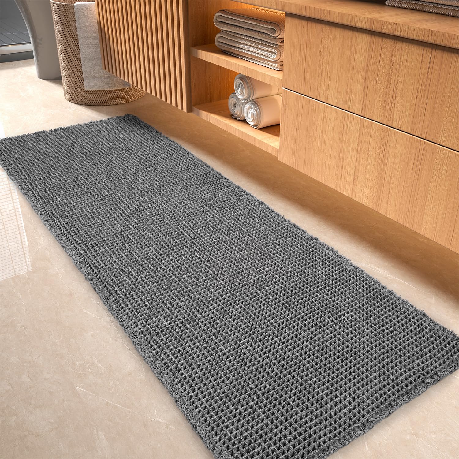 tchdio waffle runner front view showing full 2x6 rug and clean styling benefit
