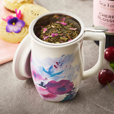 Tea Forte Fiore close-up of stainless-steel infuser basket, extra-fine mesh for clean brew