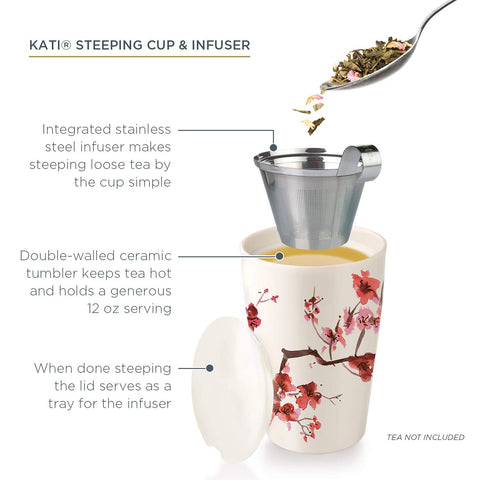 Tea Forte Kati cup filled with loose leaf tea steeping to show full leaf expansion