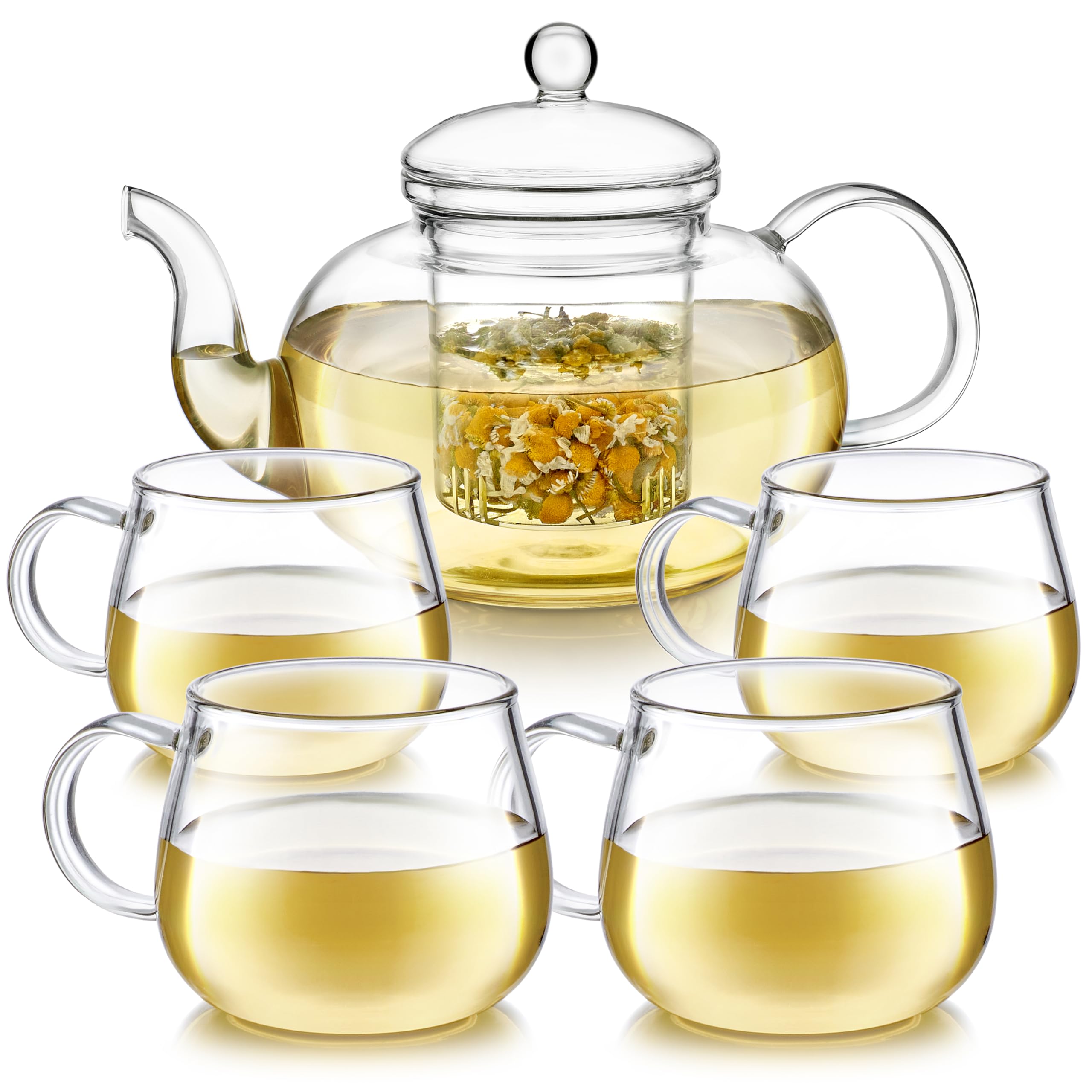 Teabloom Blossoms teapot front view showing clear borosilicate glass and lid benefit: elegant presentation