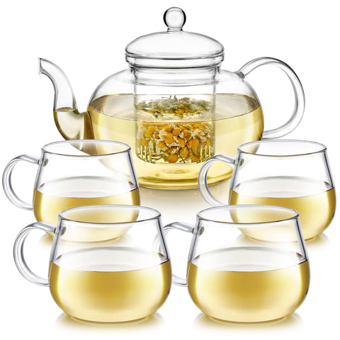 Teabloom Blossoms teapot front view showing clear borosilicate glass and lid benefit: elegant presentation