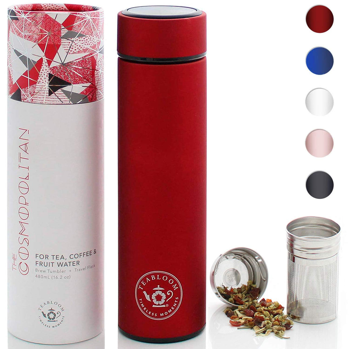 Teabloom Cosmopolitan front packaging in ruby red showing premium gift-ready box