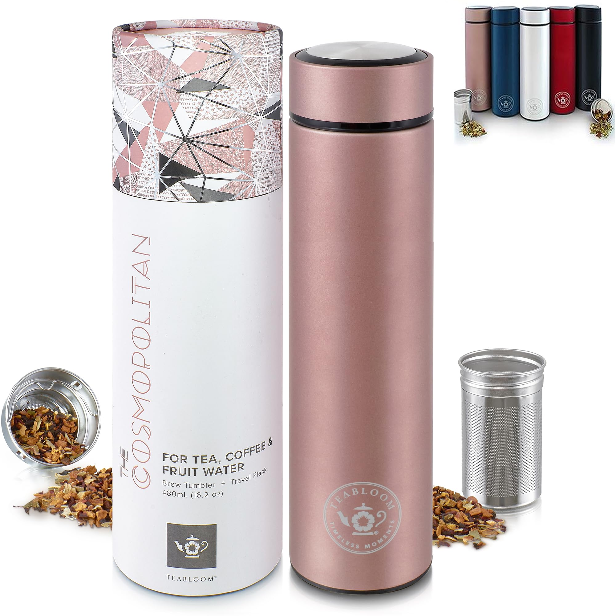 Teabloom Cosmopolitan front packaging showing premium gift-ready box and tumbler