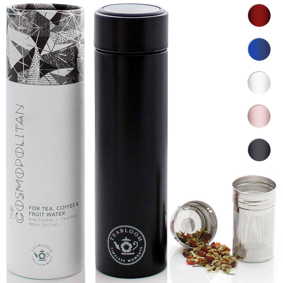Teabloom Cosmopolitan front view showing sleek tumbler and color options, perfect for travel