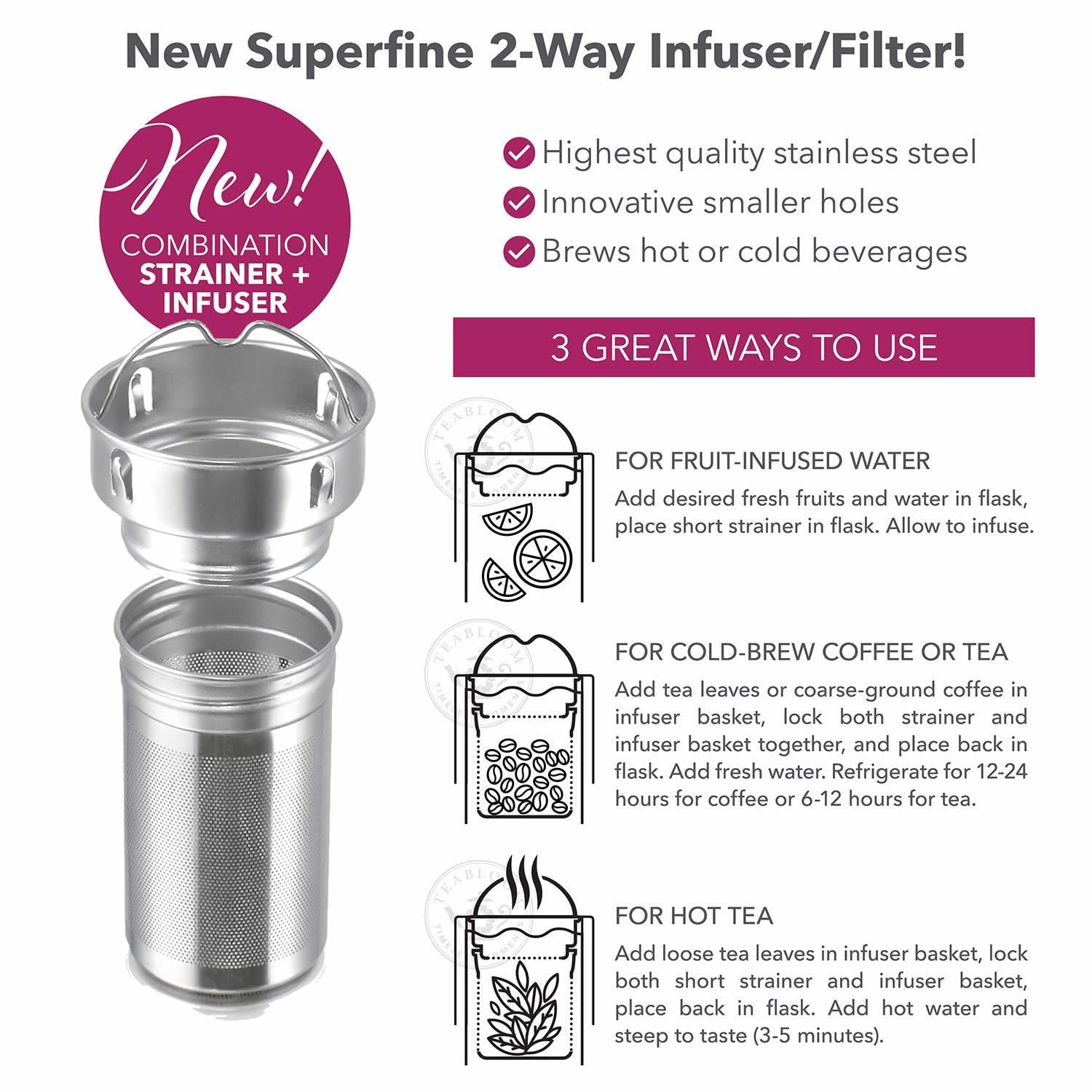 Teabloom Cosmopolitan open top showing stainless-steel interior and removable infuser for easy cleaning