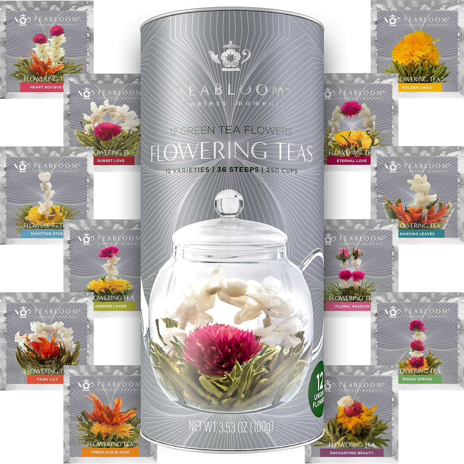 Teabloom airtight canister of 12 flowering teas preserving freshness