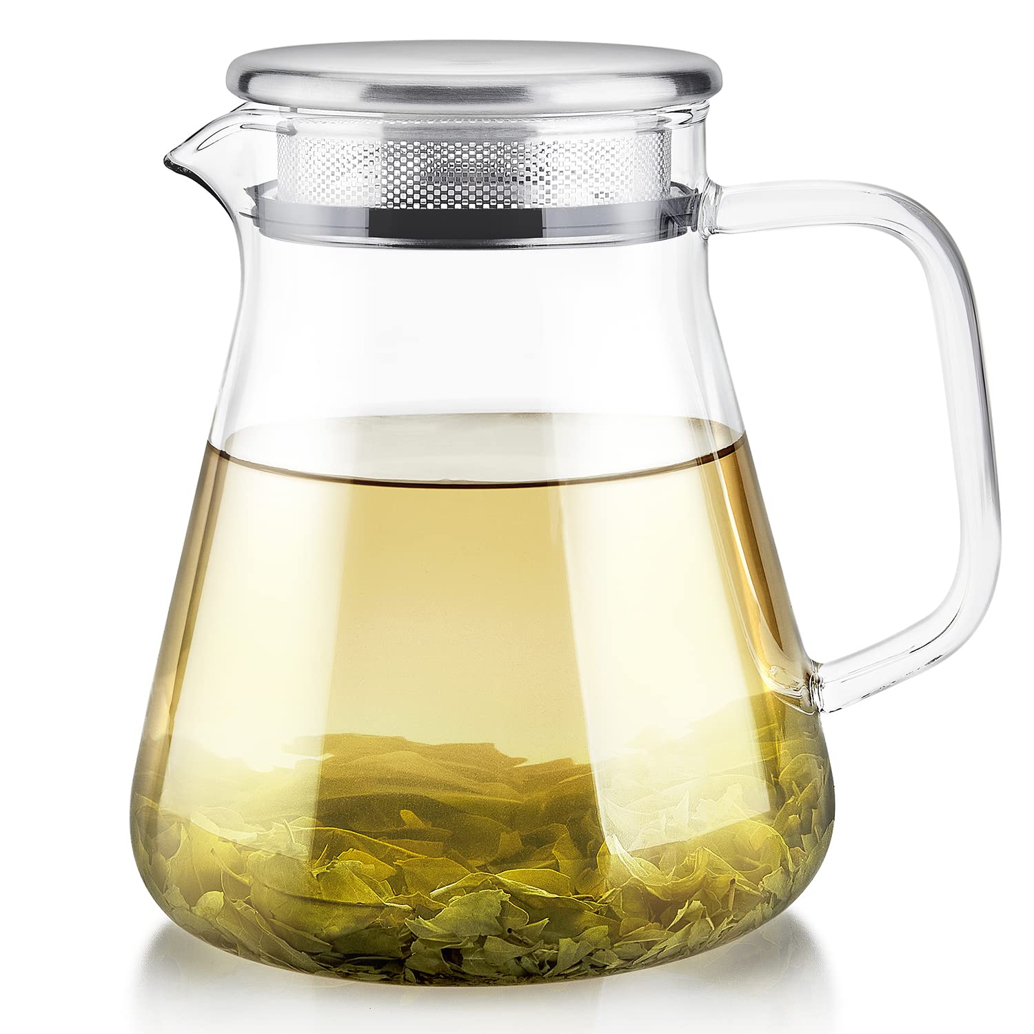 Teabloom front view of 27 oz glass teapot showing elegant shape and pour