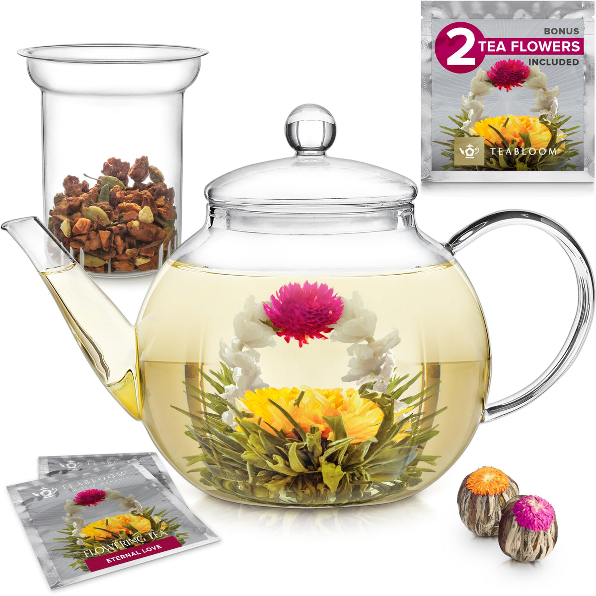 Teabloom front view teapot showing clear glass and elegant profile for tasteful brewing