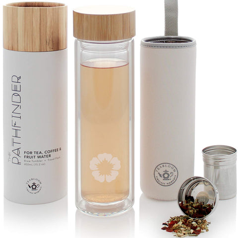 Teabloom Pathfinder front view showing sleek glass body and neutral color, durable travel use