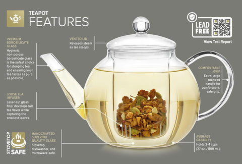 Teabloom non-drip spout and wide handle detail for comfortable pour and spill prevention
